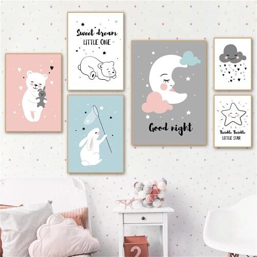 Rabbit Bear Canvas Wall Painting Star Cloud Moon Poster Nursery Art Print Child Posters Nordic Wall Art Pictures Baby Room Decor