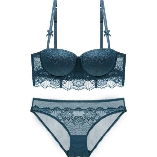 Lace embroidery half cup push up young girls dress underwear sets sexy women bra set adjustable intimates transparent lingerie