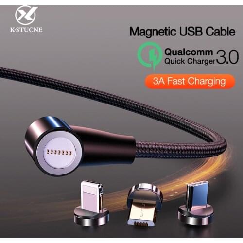90 Degree QC3.0 Magnetic Cable Micro USB Type C Data Sync Fast Charging Cable For iPhone 11 Huawei Samsung USB C Led Light Cable