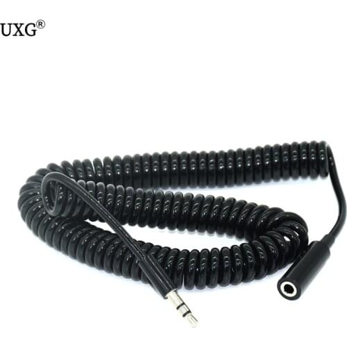 Malloom 1/3M Black 4-Pole Spring Coiled 3.5mm Aux Cable w/ Mic Gold Stereo Audio Auxiliary Cord for Computer/MP3/MP4