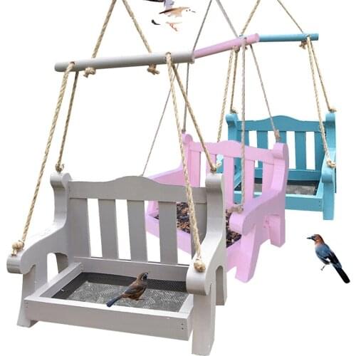 Mini Garden Bench Bird Perching feeder Tree Branch Balcony Hanging Wood Chair Swing Bird feeder Bean Corn Seeds Sieve Holder