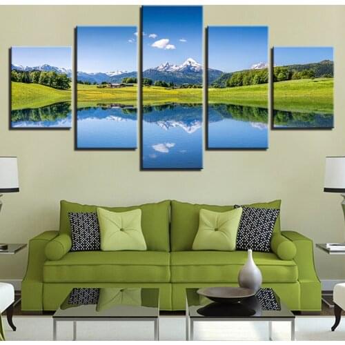 Art Print Modular Painting Framework Poster Blue Sky Landscape Canvas Wall 5 Panel Green Grass Picture For Home Decor Kids Room