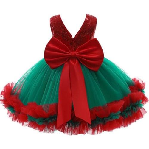 New Years Baby Girls' Christmas Dress Elegant Sequins Big Bow Princess Party Wedding Dresses Lace Tutu Children Kids Clothing