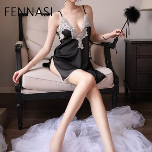 FENNASI Young Girls Sexy Deep V Lace Embroidery Backless Suspender Nightdress Nightgown Home Dress Erotic Lingerie