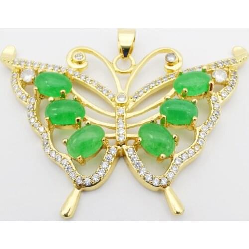 Gorgeous Big 51X33MM Inlaid Oval Green Jades Stone Rhinestone Hollow Cutting Butterfly Pendant 1PCS