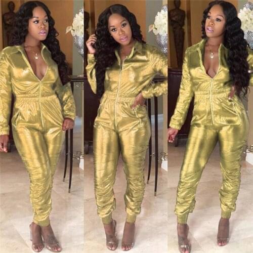 Casual PU Leather Jumpsuit Women Turn Down Collar Zipper Front Wet Look Long Sleeve Pants Romper Club Party Jumpsuit Overalls
