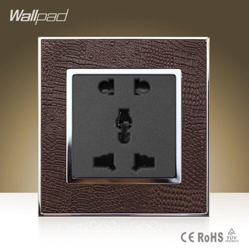 Wallpad Luxury Universal Socket Goats Brown Leather Frame AC 110V-250V 5 Pin Universal Wall Socket Outlet Free Shipping