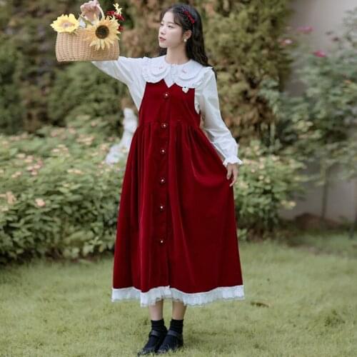 Forest Mori Girl Vintage Preppy College Style Suit Doll Collar Long Sleeve Shirt & Long Vest Dress Women Loose Autumn Outfits