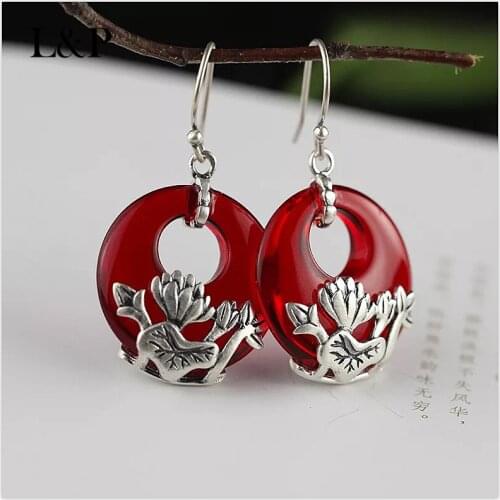 L&P Sterling Silver Carnelian Drop Earrings women jewelry,Thai Silver Lutos Top quality earrings for girl,birthday gift
