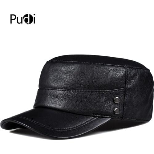 Pudi Man Genuine Leather Cap Hat Male Winter Army Military Baseball Caps Hats Black Color HL817