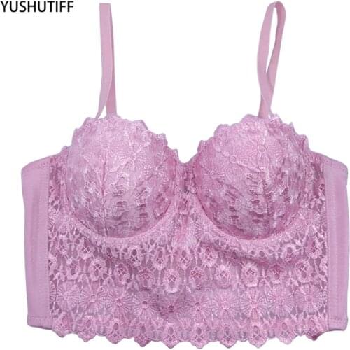 Women Top With Cup Sexy Embroidery Lace Cropped Short Night Club Party Corset Crop Top Push Up Bustier Camisole Built in Bra