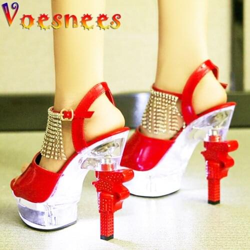 LED Patent Leather Glowing Glitter Womens Shoes Rhinestone Pistol Heel New Female Sandals 14cm High Heels Sexy Shoes With Light
