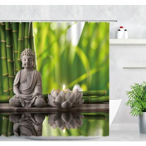Waterproof Shower Curtain Green Bamboo Buddha Lotus Candle Zen Garden Natural Scenery Modern Home Decor Screen Bathroom Curtains