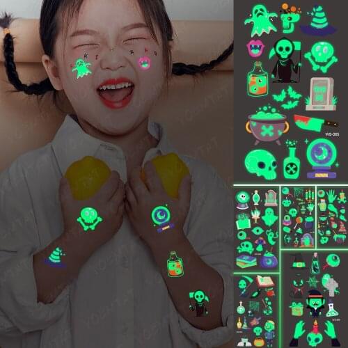 Halloween Temporary Tattoo Sticker Waterproof Skull Devil Demon Day Of The Dead Luminous Tattoos Leg Arm Glowing Man Woman Child