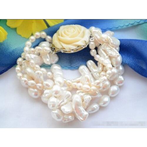 Z6450 5strands white rice baroque biwa freshwater pearl bracelet 8inch @^Noble style Natural Fine jewe SHIPPING new >>free shipp