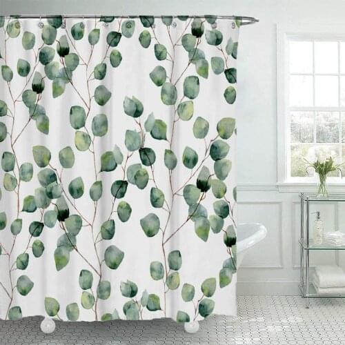 Green leaf shower curtain watercolor plant round leaf branches home bathroom decoration polyester fabric waterproof shower curta