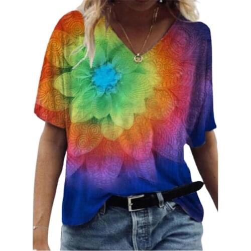 Plus Size Women 3d Leaves Tie Dye Gradient Print T Shirt 2021 New Summer Short Sleeve V-neck Tops Casual Street Lady Cotton Tee