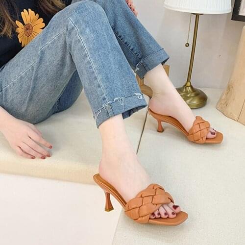 Womens high heels sandals Free shipping large size Woven open toe slippers Square head sandals Korean Fashion Shoes #39;s
