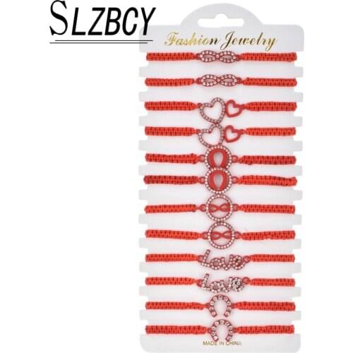 Bohemia Women Handmade Braided Red Adjustable Bracelets Set Infinite Love Heart Charm Rhinestone Bracelet Fashion Jewelry 12pcs
