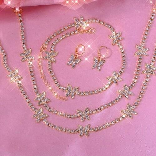 JUST FEEL Bling Iced Out Butterfly Choker Necklace For Women Gold Silver Color Rhinestone Tennis Chain Necklace Collar Jewelry