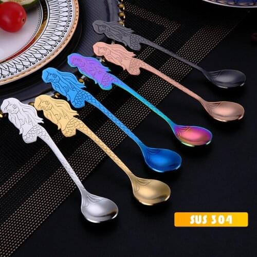 6 PCS Mermaid Teaspoon Handle Spoons Dessert Tableware Hanging Cup Coffee Tea Drinking Tools Stainless Steel Kitchen Gadget