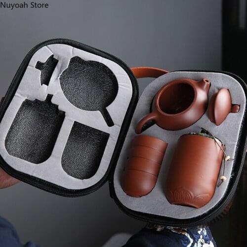 Purple Clay One Pot Four Cups Travel Tea Set Portable Outdoor Tea Caddy/Teapot/Tea Cup Accessories Simple Tea Making Tool