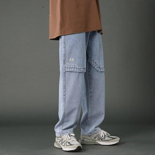 Stitching Jeans Mens Trend Loose Nine-point Straight-leg Pants Wide-leg Japanese Harajuku Denim Trousers Printed Letters Jean