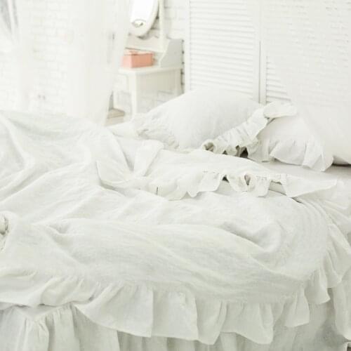 3PCS US Pure Linen Duvet Cover Twin California King Bedding Set Ruffle Quilt Cover Flat Bed Sheet and Pillowcase