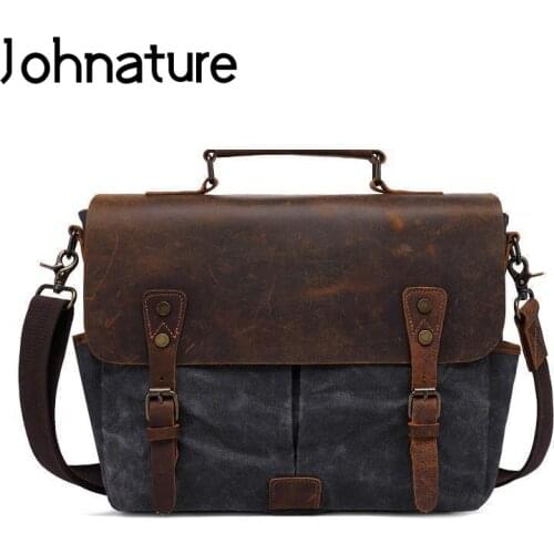 Johnature 2020 New Vintage Crazy Horse Leather Men Bag Leisure Canvas Satchels Bags Large Capacity Shoulder&Crossbody Handbags