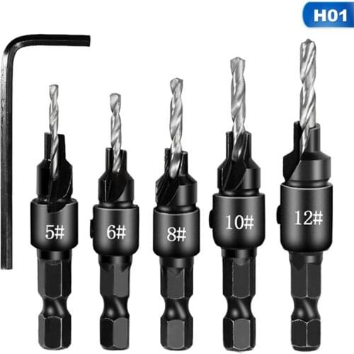 5pcs Countersink Drill Woodworking Drill Bit Set Drilling Pilot Holes For Screw Sizes #5 #6 #8 #10 #12 With A Wrench