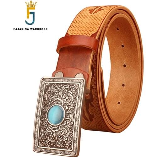 FAJARINA Top Quality Design Chinese Ethnic Style Real Jade Decorative Embossing Cow Genuine Leather Belt Men 3.8cm Wide N17FJ775
