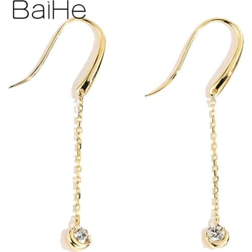 BAIHE Solid 18K Yellow Gold 0.16ct Round Natural Diamonds Earrings Trendy Fine Jewelry Ear hook tassel Stud Earrings for Women