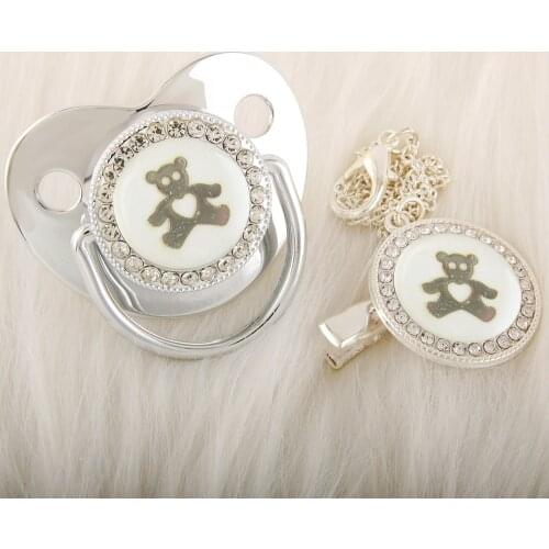 Bling Luxury Rhinestone Baby Pacifier Lovely Silver Bear Newborn Silicone Orthodontic Pacifier Nipple Sleep Soother 0-18 Months
