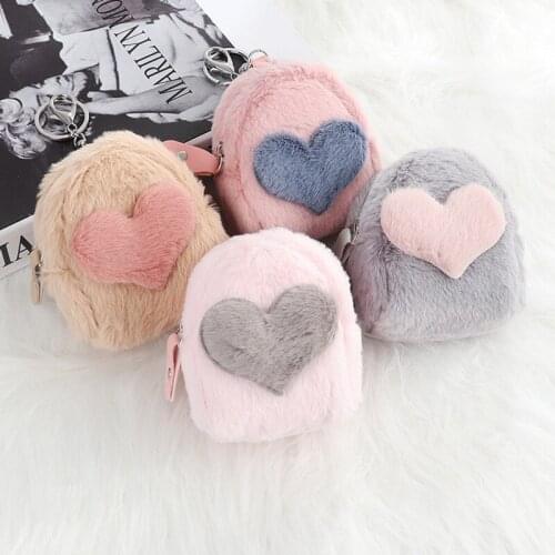Cute Women Plush love Coin Purse with Keyring Charm Womens Keychain Coin Purse Zipper Girls Accessories Bag Kids Purse