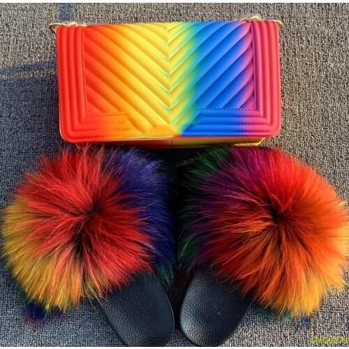 2020 Women Real Fox Fur Slippers Slides Home Furry Flat Sandals Female Cute Fluffy Raccoon Slippers Fur Flip Flops Amazing Shoes