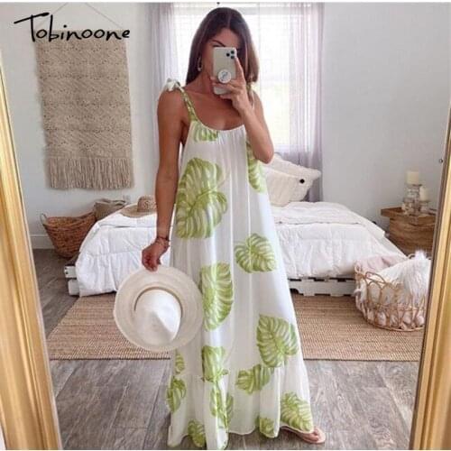 Tobinoone Leaf Print Maxi Long Dress Spaghetti Strap Summer Loose Backless Sexy Dresses Female Lacce Up Elegant Dress Vestido