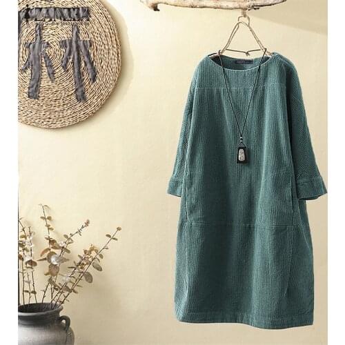 Corduroy Dress ZANZEA 2021 Autumn Women Kaftan Casual Sweatshirt Long Sleeve Tunic Vestido Female Solid Hoodies Robe