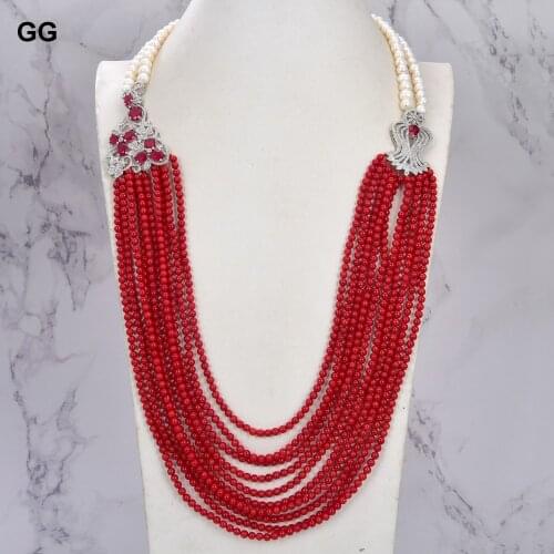 GuaiGuai Jewelry 10 Rows Natural White Pearl Round Red Coral Flower CZ Necklace Lady Jewelry