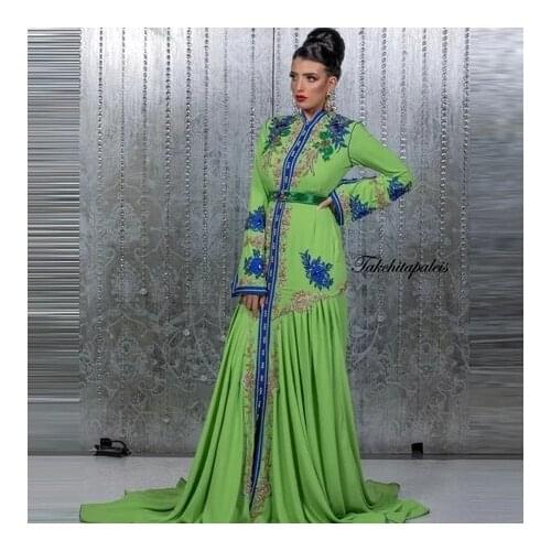 Green Moroccan Kaftan Caftan Muslim Evening Dresses A-line Long Sleeves Chiffon Appliques Dubai Arabic Turkey Abaya Islamic Gown