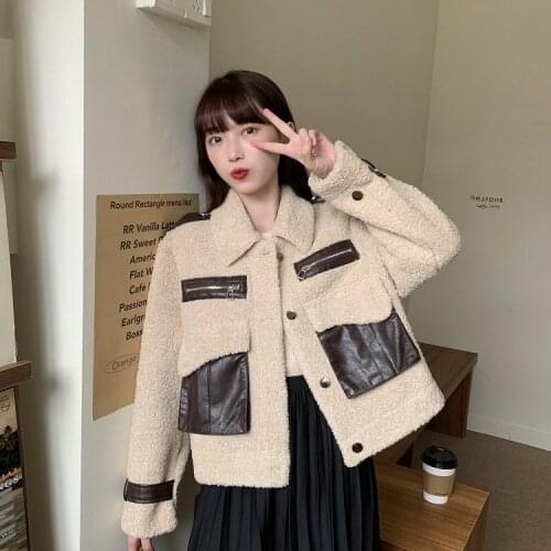 HSTAR 2020 Womens Winter Jacket With Zipper Patchowrk Short Faux Fur Coat Outerwear Loose Female Casual Vintage Crop Jacke