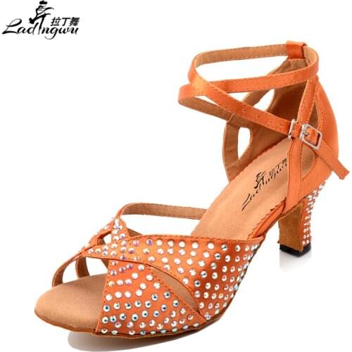 Ladingwu New Latin Dance Shoes Women Satin Red-brown Soft Bottom Ballroom sapato feminino festa Shine Rhinestone Salsa Shoes
