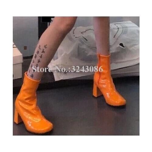 Candy Color Thick Heel Woman Ankle Boots Sexy Patent Leather Chunky Heel Ladies Short Boots Large Size Female Casual Shoes