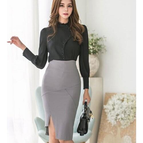 Elegant Office Ladies 2 Pieces Set Beading Blouse Shirt & Irregular Hip Package Skirt Women Work Suit Autumn