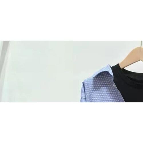 Womens Stripes Mini Dress Off-Shoulder Irregular Robes 2021 Spring Autumn Ladies Fake Two-Piece Dress