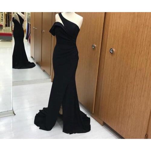 Vintage Long One Shoulder Glitter Prom Dresses Mermaid Zipper Back Robe De Soiree Sweep Train Slit Black Formal Party Gown