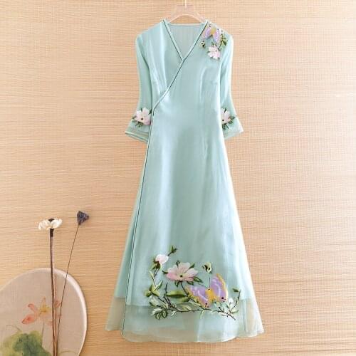 High-end Chinese Style Summer Women Vintage Hanfu Dresses Embroidery Elegant Lady A-line Party Embroidered Organza Dress S-XXL