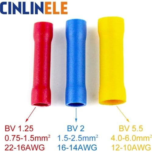 100Pieces BV1.25 BV2 BV5.5 Insulated Straight Wire Butt Connector Electrical Crimp Terminals BV1 BV5
