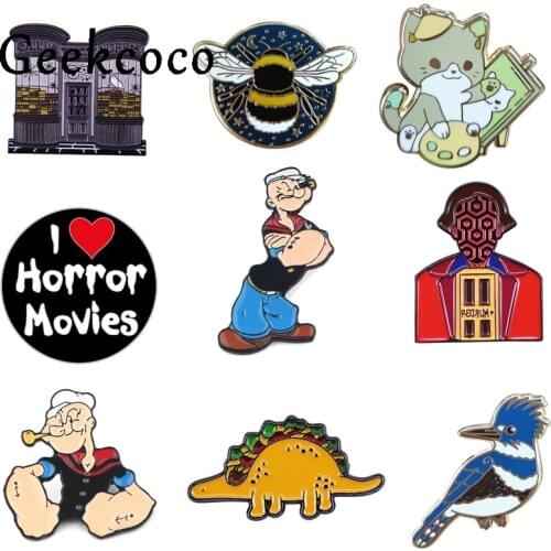 20pcs/lot J1391 Geekcoco Cartoon Power Man Brooch I Love Horror Movie Enamel Lapel Pin Fashion Badge Jewelry for Gift Collection
