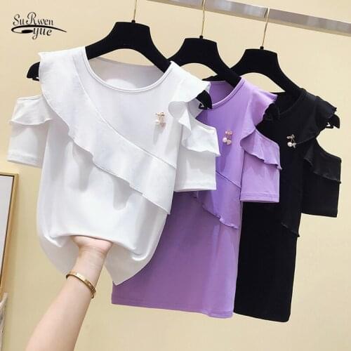 Fashion Short Sleeve Off Shoulder Blouse Tops Women 2020 Summer Slim Solid Color Ruffle Shirt Women Clothes Blusas 9117 50