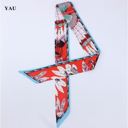 Big H Brand 95cm*5cm Feather Printed Bag Strap Small Scarf Women Twill Silk Scarf Headband Long Scarves Bag Accessories Ribbon